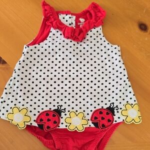 Red and White Polka Dot Baby Romper with Ladybug Design